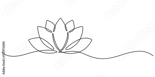 Lotus flower continuous one line drawing. Wellness concept in simple linear style. Vector illustration, Single line, continuous, lotus flower line art vector illustration with transparent background. 