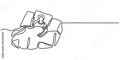 Woman sleeping on pillow bed continuous one line drawing, Continuous single line sketch drawing of woman sleeping on pillow bed one line lifestyle vector, Woman home sleep relax relax calm tired. 