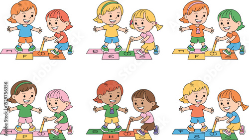 Cartoon girls playing hopscotch illustration childhood game fun active