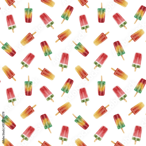 Seamless popsicle pattern. Hand painted watercolor ice cream in red, yellow and green colors. Fun and colorful summer themed design, perfect for kids apparel, digital paper, packaging and fabric print
