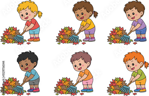 Cartoon kids raking autumn leaves illustration diverse children enjoying fall