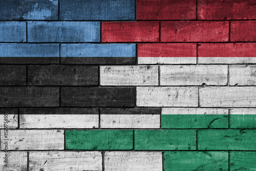 colourful painted big national flag of hungary and flag of estonia on a massive old brick wall background. concept