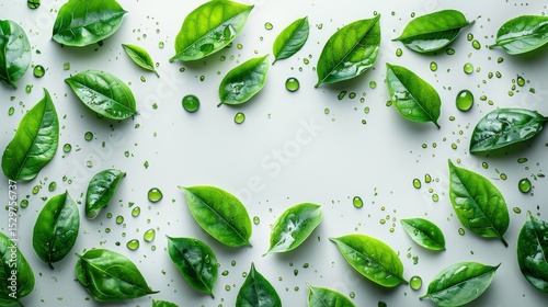 Wallpaper Mural A visually appealing arrangement of fresh green leaves adorned with glistening water drops on a pristine white surface, capturing the delicate beauty of nature and freshness in simplicity. Torontodigital.ca