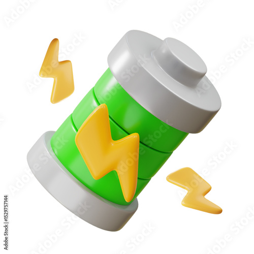 3d Vector Green Ecological Battery, Green Energy, Clean Energy, Environmental Alternative Energy Concept. Eps 10 Vector, of a fully charged green battery with lightning and star effects