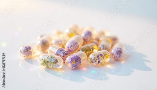 Beautiful floral capsules scattered on bright surface, showcasing natures essence