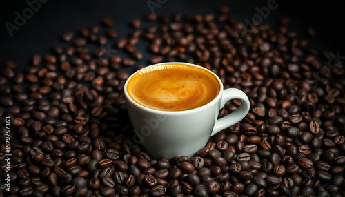Dark roasted coffee beans scattered around espresso, latte, cappuccino in dark setting,  beverage,  crema