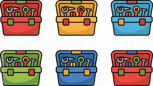 Colorful toolboxes filled with tools representing maintenance and repair services icons