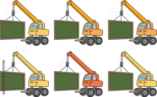 Seamless pattern with cartoon crane lifting chalkboard isolated on white background