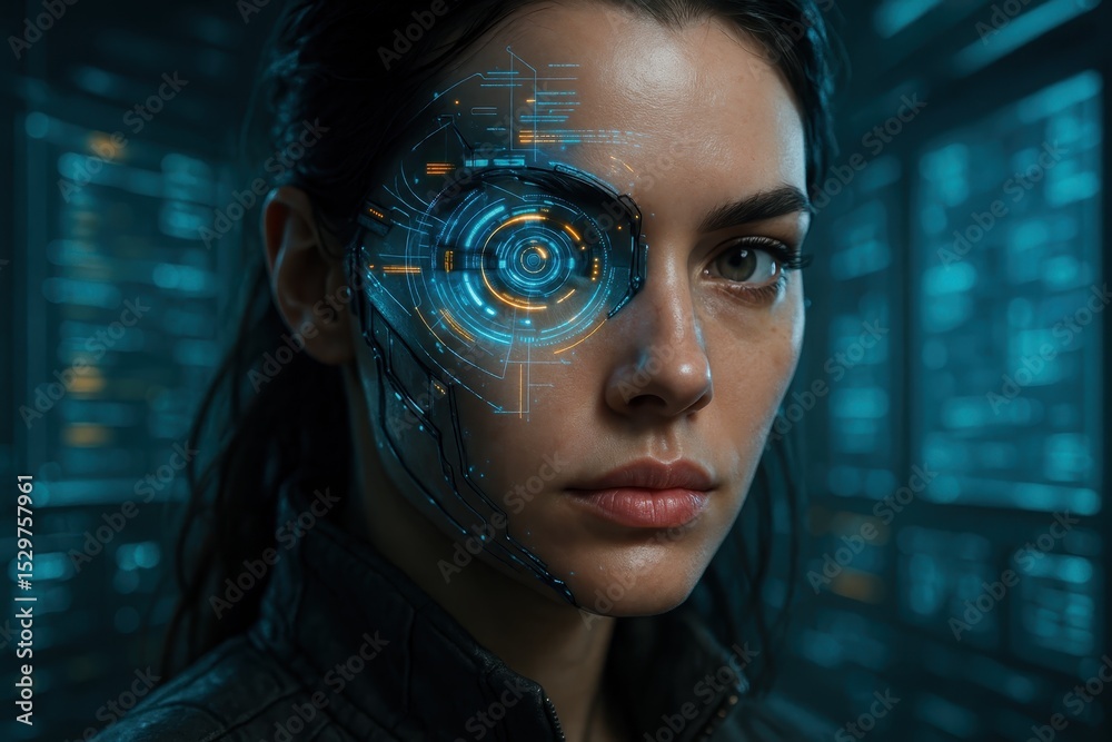 Cyberpunk Woman with Futuristic Eye Technology and Digital Vision Enhancement Cyberpunk Woman with Futuristic Eye Technology and Digital Vision Enhancement