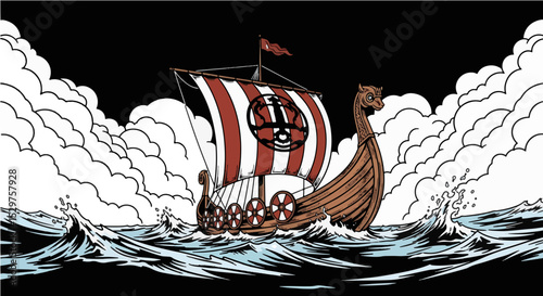 Viking Longship with Shields - Norse Exploration Vector Art
