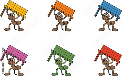 Cartoon ants lifting colorful tabletops illustration isolated on white background