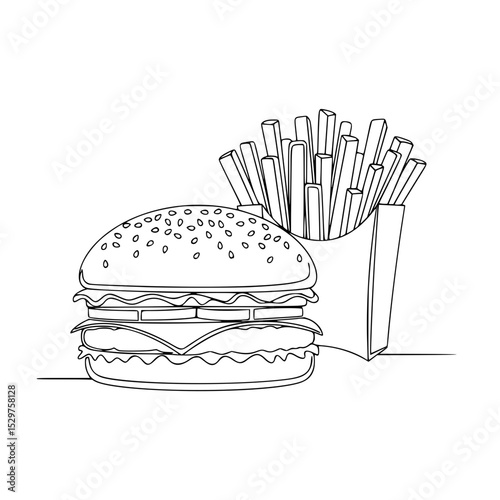 Line drawing of hamburger with fries on a plain background  
