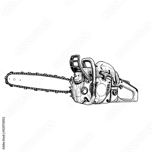 a black and white hand drawing of Chainsaw , with a white background,