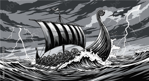 Viking Longship in Stormy Sea - Norse Seafaring Art
