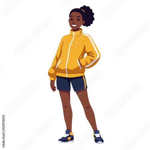 A smiling young woman in a yellow tracksuit posing confidently 