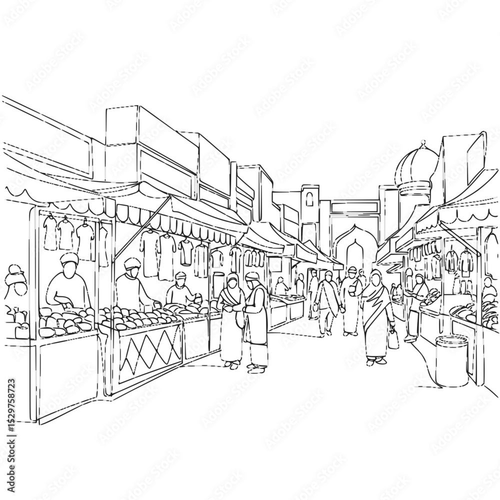 Fototapeta premium Sketch of a busy market scene with vendors and shoppers 