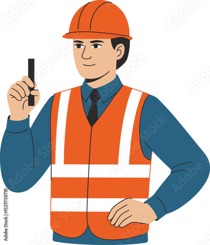 Construction worker holding ruler wearing hard hat and reflective vest illustration