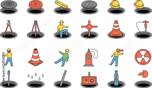 Isometric underground utility icons manhole safety elements maintenance construction illustration