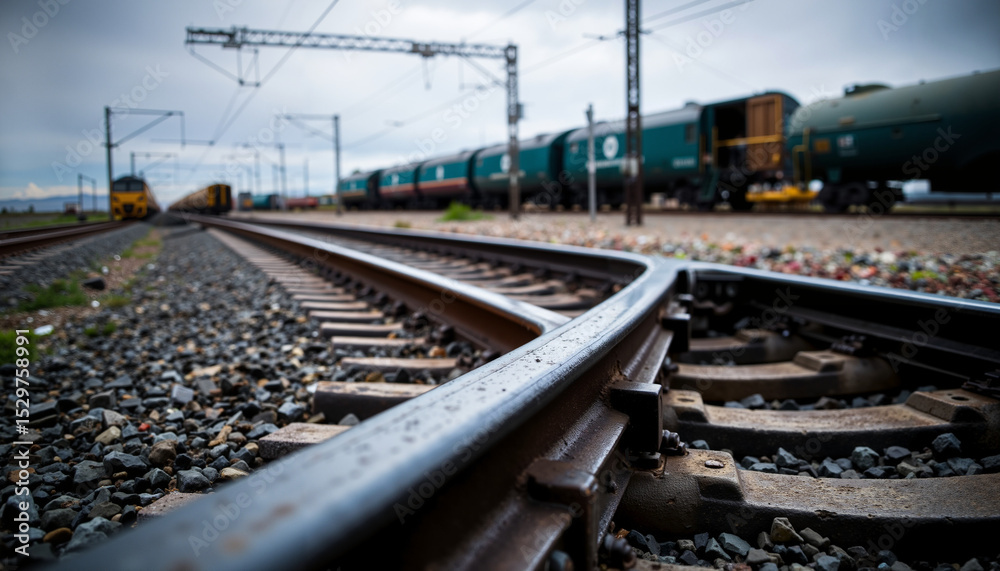 Fototapeta premium Train tracks curving towards freight trains in an industrial yard 