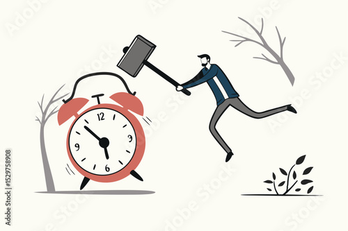 Procrastination postpone to get thing done later, too tight business deadline or cannot finish work in time concept, young man holding big hammer smashing on loud reminding alert alarm clock.
