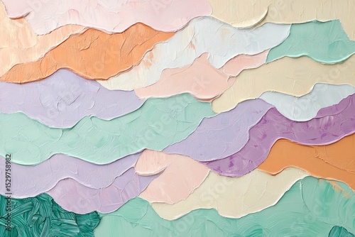 Abstract pastel landscape painting with textured, wavy layers of peach, mint, lavender, and cream colors.