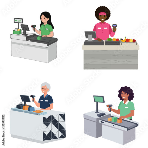 A diverse set of four friendly cashiers working at their checkout counters 