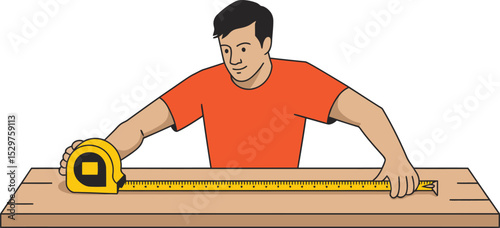 Cartoon man measuring wood plank with tape measure illustration