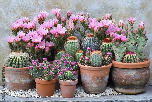 Blooming cacti in terracotta pots, a desert garden display