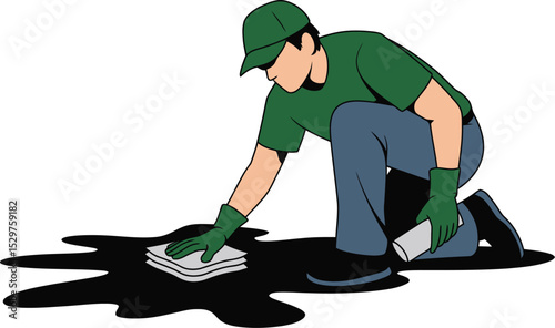 Cartoon man cleaning oil spill with absorbent pads wearing safety gear