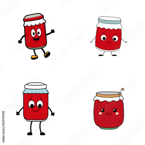 Four cartoon jam jars with faces and limbs in various poses on a white background illustration