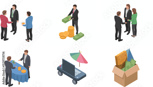 Isometric business finance investment meeting teamwork presentation money growth strategy success deal concept editable stock vector illustration