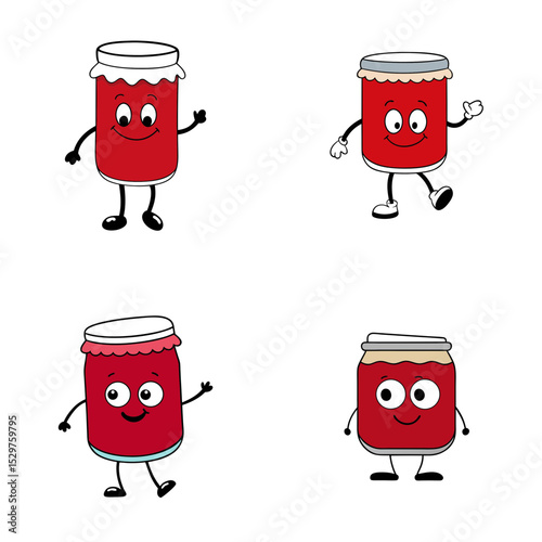 Four cartoon jam jars with faces and limbs on a white background in a playful and whimsical illustration