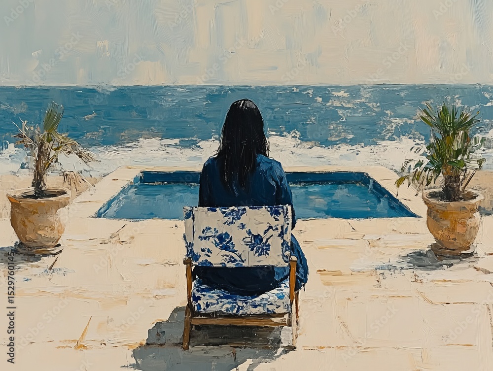 Fototapeta premium Serene Oceanside Vista: Woman on Floral Chair Gazing at the Sea with Pool and Palm Trees in Abstract Oil Painting Style, Capturing the Tranquility of Resort Vacation