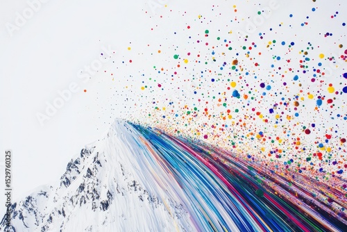 Colorful paint streaks cascade down a snow-covered mountain, creating a vibrant, abstract scene.