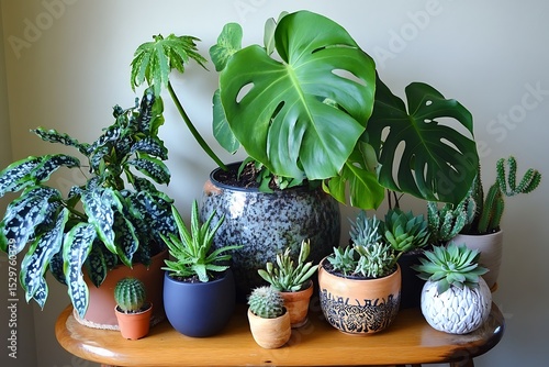 Lush indoor garden with monstera and varied potted plants