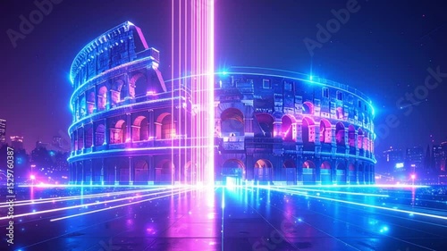 Wallpaper Mural Neon glowing architecture of classical building at night, combining history and futuristic lights for modern tourism visuals. Torontodigital.ca