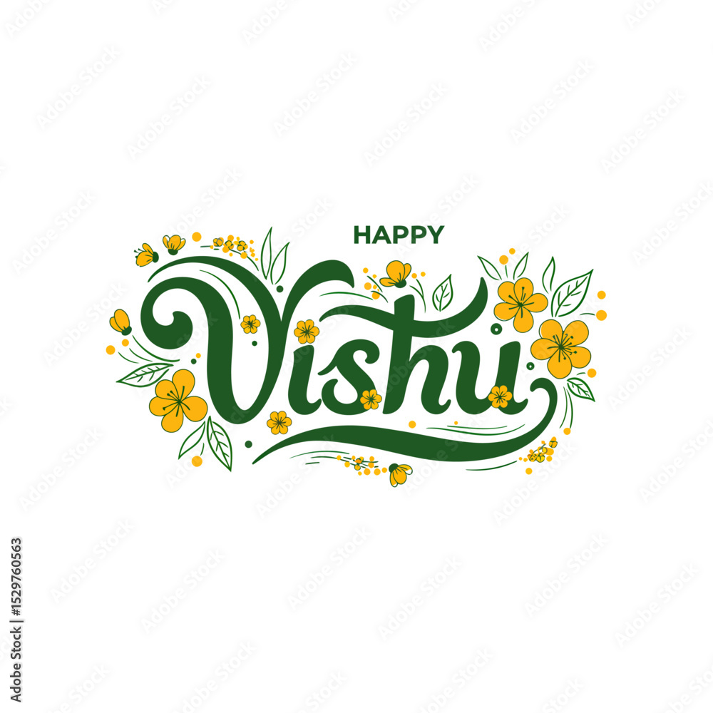 Obraz premium Vishu Calligraphy Vector with Kani Konna Flowers and Leaf Elements – Minimal Festive Design