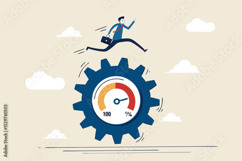 Work performance evaluation, full efficiency or maximum productivity, ambition or motivation to growth in business concept, ambitious businessman running at full speed to rotate measure cogwheel gear.