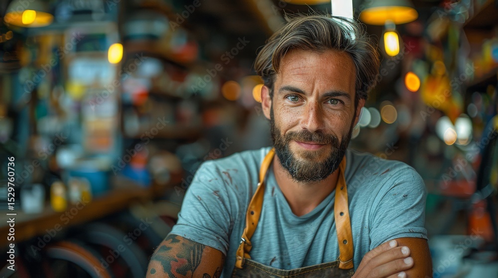 A charming portrait of a bearded man exuding creativity and charm in a cozy workshop, surrounded by tools and artistic projects, showcasing craftsmanship and dedication. A charming portrait of a bearded man exuding creativity and charm in a cozy workshop, surrounded by tools and artistic projects, showcasing craftsmanship and dedication.