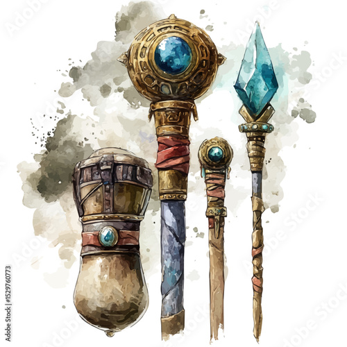 Artifacts Of Power, watercolor drawing vector, isolated on a white background.