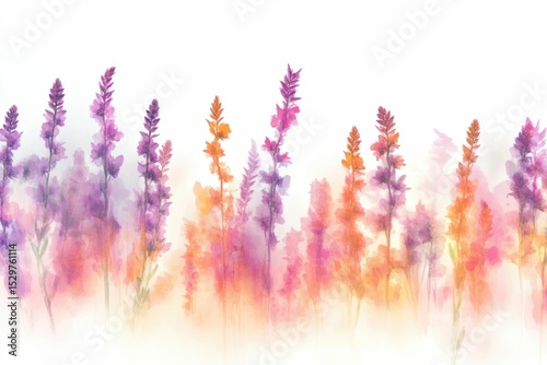 Watercolor painting of lavender flowers in soft purple, orange, and pink hues, creating a dreamy, floral scene.