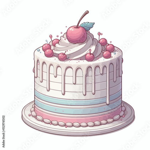 Illustrated cake with cherry topping and pink decoration  