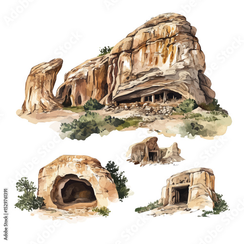 Archaeological Rock Art Sites, watercolor clipart vector, isolated on a white background.