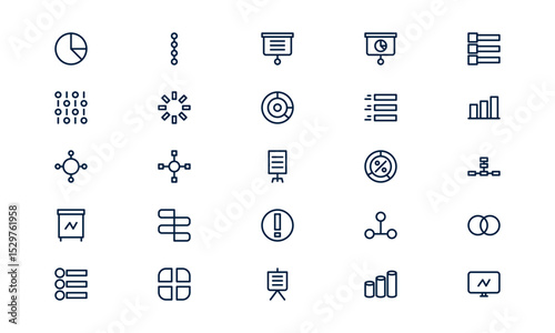 Infographic icon showing visual data presentation, analytics report, and business communication in outline style