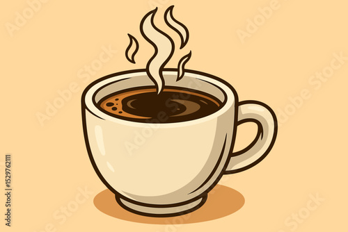 Cartoon coffee mug vector illustration. Hot steaming cup of fresh coffee or espresso. Morning drink icon for cafe menu or coffee shop logo. Simple flat beverage symbol.