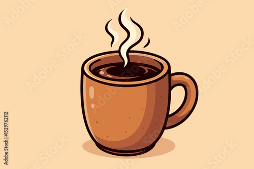 Cartoon coffee mug with hot steam. Vector illustration of a fresh brewed morning drink. Cup of black coffee, espresso, or americano. Cafe menu icon. Breakfast beverage concept.