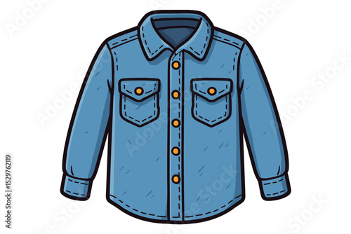 Denim shirt vector illustration. Blue button-down jean shirt with long sleeves and chest pockets. Casual western style clothing. Cartoon fashion apparel icon isolated on white background.