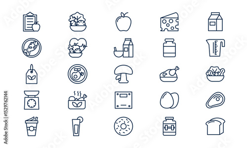 Nutrition icon illustrating healthy food, balanced diet, and wellness concept in outline style