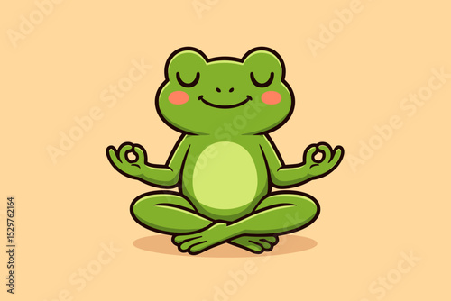 Cute cartoon frog meditating in lotus pose. Zen animal character doing yoga for mindfulness and relaxation. Peaceful spiritual amphibian vector illustration for wellness concept.