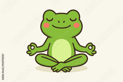 Cute cartoon frog meditating in yoga lotus pose. Funny animal character practicing mindfulness and relaxation. Vector illustration for wellness, calm, and inner peace concept.